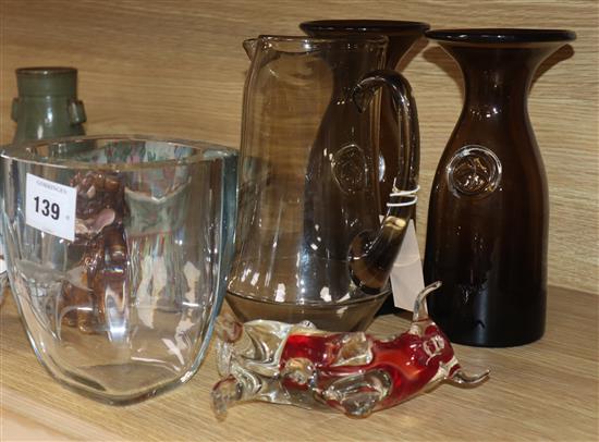 A Kosta Boda etched glass vase, a Scandinavian glass jug and a pair of vases